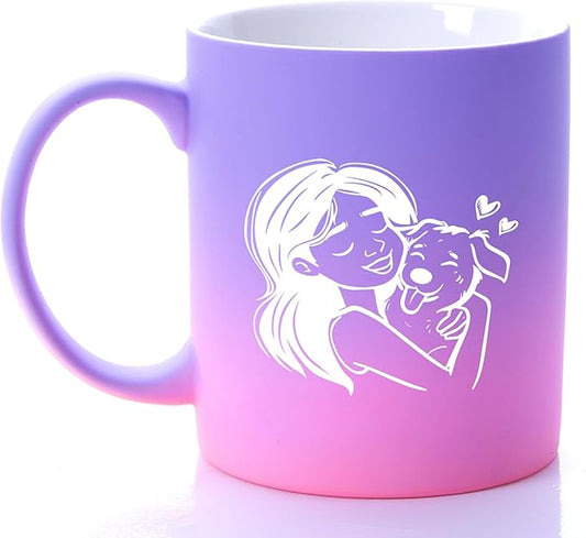 G MUGS Dog Lover Hug Ceramic Coffee Mug - 13oz Tea Mug with Girl & Dog Hug Design, Gift for Dog Owners Women Sunset Glow Mug