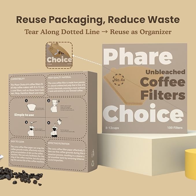 Phare Choice #4 Coffee Filters, 100 Count, Fits Ninja and Cuisinart 8-12 Cup Coffee Makers, Natural Unbleached Paper, No Blowout Design, Compatible with Pour Over Cones