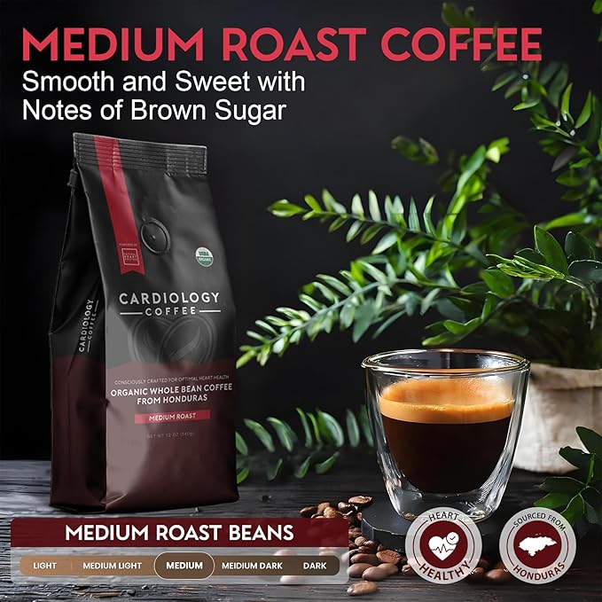 Cardiology Coffee – Whole Bean Coffee – USDA Certified Organic, Mold Free 12oz Premium Medium Roast Organic Coffee Beans with Antioxidant Benefits – Perfect for Heart Healthy Lifestyle