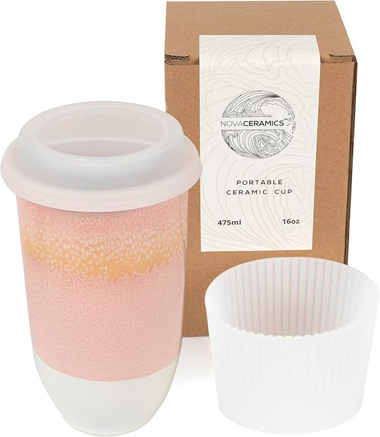 NOVA CERAMICS Travel Mug On the Go Coffee Mug Microwave & Dishwasher Safe Green Tumbler - Gifts For Women Men 16oz Afterglow