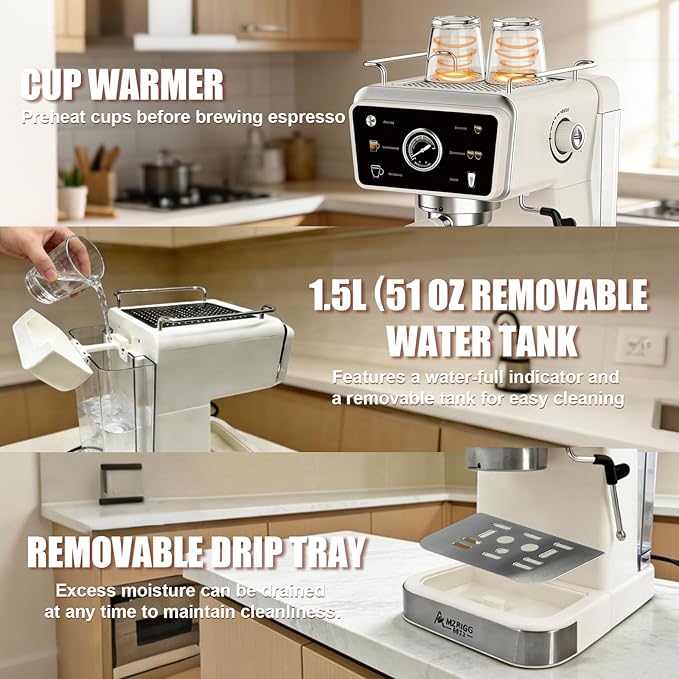Espresso Machine – 20 Bar Pressure, Also Supports Americano, Latte, Cappuccino & Iced Coffee, 1.5L Water Tank, Milk Frothing & Hot Water, White Retro Design for Home & Office