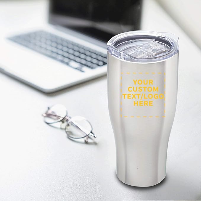 Custom Stainless Steel Grip Travel Mugs 27 oz. Set of 10, Personalized Bulk Pack - Perfect for Coffee, Soda, Other Hot & Cold Beverages - Silver