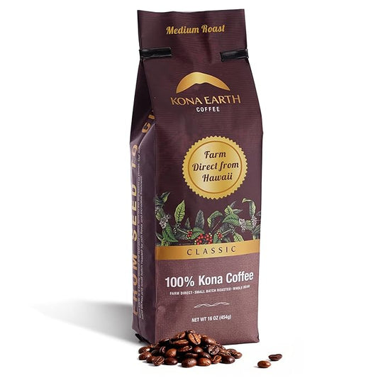 KONA EARTH 100% Kona Coffee, Classic Medium Roast, Whole Bean, 1 lb (16oz) Farm-Direct, Authentic Hawaiian Kona Coffee beans from Hawaii’s Big Island, Micro-Batch-Roasted