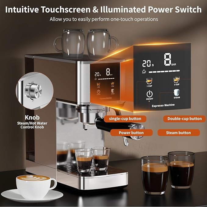 Kismile Espresso Machine with Milk Frother, 20 Bar Compact Stainless Coffee Maker with Capsule Funnel|48oz Detachable Water Tank|LED Display, Pre-Infusion for Cappuccino|Mocha|Latte at Home or Office
