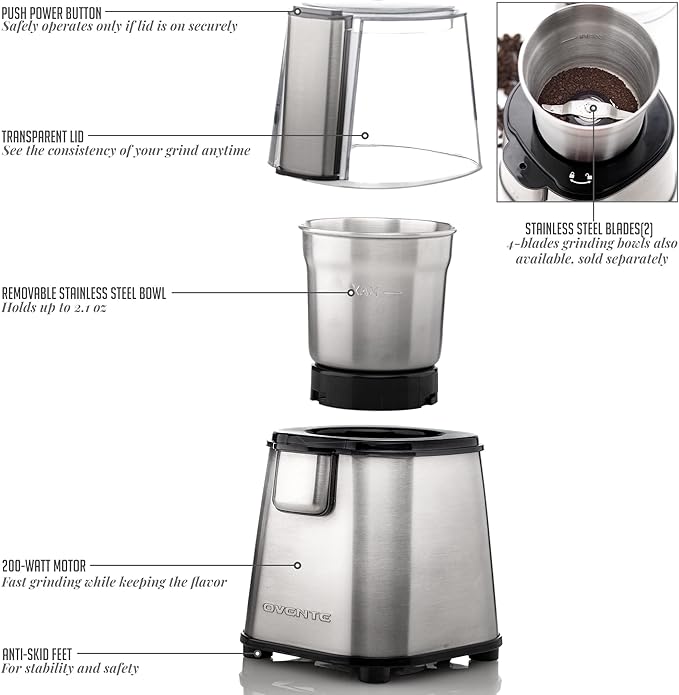 OVENTE Electric Coffee Grinder, 200W Powerful Coffee Bean & Spice Grinder with 2.1 Oz Removable Grinding Bowl, Stainless Steel Blade, Push Power Button, Transparent Lid & Anti-Skid Feet, Silver CG620S