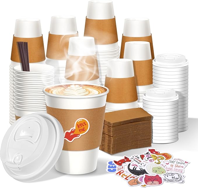 12 oz Disposable Coffee Cups with Lids, Sleeves and Stirrers 100 Pack, Hot Cups with Lids, Leak-Proof To Go Cups for Hot Chocolate, Cocoa, Office, Coffee Bar Accessories