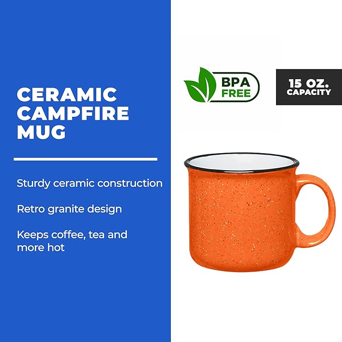 Gifts by Design Set of 8 Ceramic Campfire Mugs – 15 Oz, Orange – Coffee & Tea Cups for Home, Work, Travel, Camping – Customizable, Great for DIY, Events, Companies