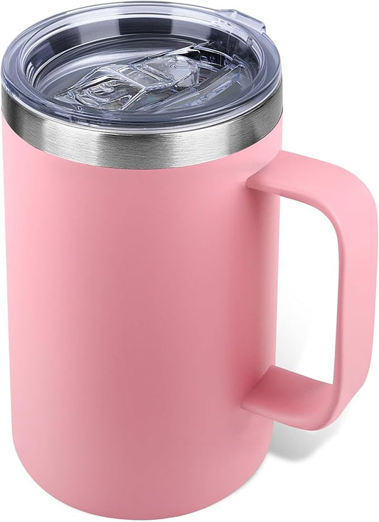Zynkify 22oz Insulated Coffee Mug with Handle & Leak-Proof Lid - Double Wall Stainless Steel Travel Tumbler for Commute/Office/Home, Pink, 1 Pack