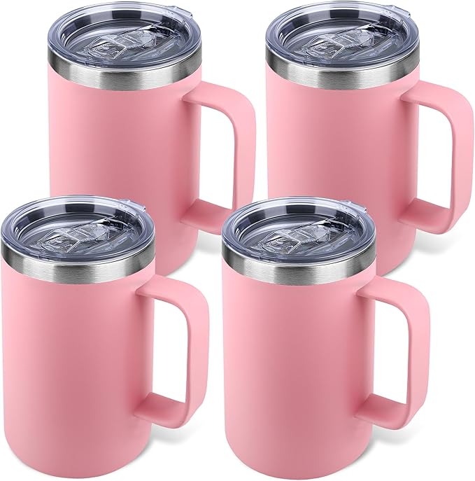 Zynkify 22oz Insulated Coffee Mug with Handle & Leak-Proof Lid - Double Wall Stainless Steel Travel Tumbler Bulk for Commute/Office/Home, Pink, 4 Pack