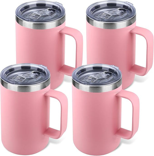 Zynkify 22oz Insulated Coffee Mug with Handle & Leak-Proof Lid - Double Wall Stainless Steel Travel Tumbler Bulk for Commute/Office/Home, Pink, 4 Pack