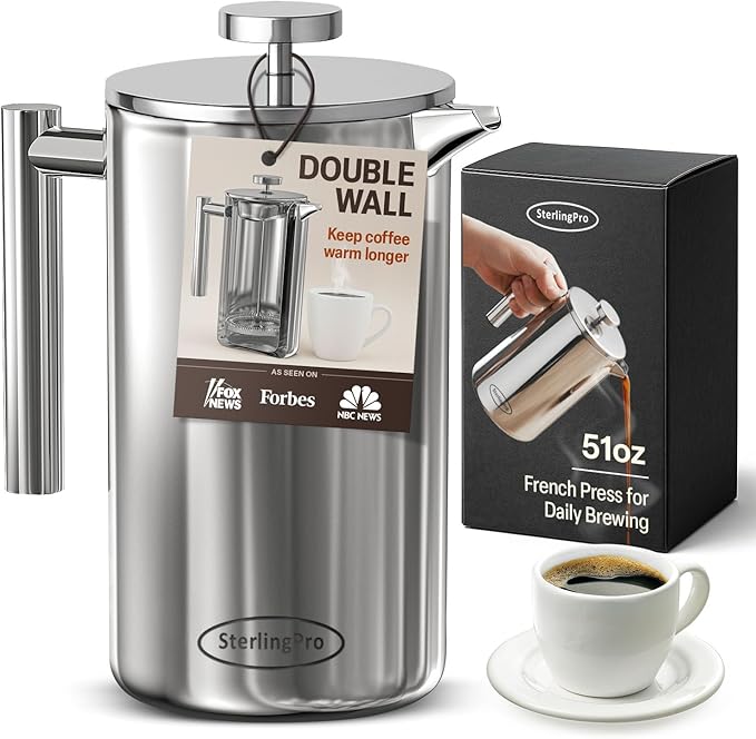 Stainless Steel French Press Coffee Maker Large 1.5 L(51 oz) Mirror – Durable Double Walled Insulated Coffee Press Keeps Drinks Hot, Easy to Use and Clean Stylish Design for Rich Flavor
