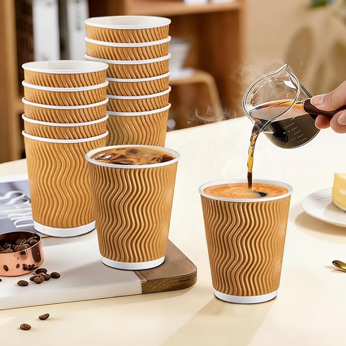 120 Pack 10 oz Coffee Cups, Disposable Corrugated Insulated Ripple Wall Paper Coffee Cups 12oz for Hot or Cold Drinks Office Home Cafe Party Travel (Champagne)