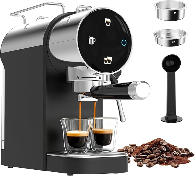 Espresso Machine, Touch Screen Control 20 Bar Espresso Coffee Maker with Steam Milk Frother for Latte & Cappuccino, Removable Water Tank, Modern Black Design