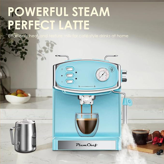 20 Bar Vintage Style Espresso Machine Coffee Maker with Milk Frother, ESE Pod Compatible Coffee Machine, Pressure Gauge, 54 oz Food-Grade PP Removable Water Tank, Ideal for Home Barista(Blue)