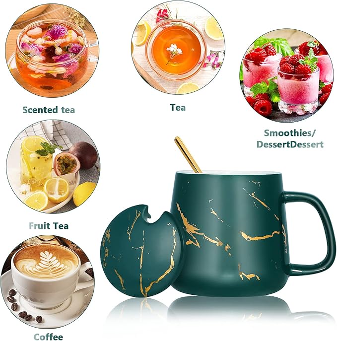 POEKLSYNM Marble-Patterned Ceramic Mug With Lid And Steel Spoon, Making It The For Women, Wives, Mothers, Friends, Mother'S Day, Valentine'S Christmas(Green14oz)