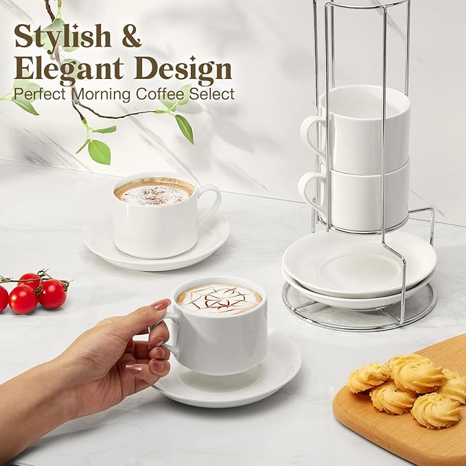 NWYSZ 8 Ounce Porcelain Cappuccino Cups with Saucers and Stainless Steel Stand, Stackable Espresso Cups Set of 4, White Ceramic Coffee Mugs for Home, Office, Cafe or Gift