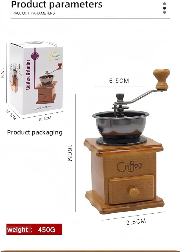 Vintage Hand-Cranked Coffee Bean Grinder with Ceramic Burr Drawer-Style Powder Tray Ergonomic Long Handle Non-Slip Wooden Base for Home Use Small Batch Brewing and Coffee Enthusiasts (Classic version)
