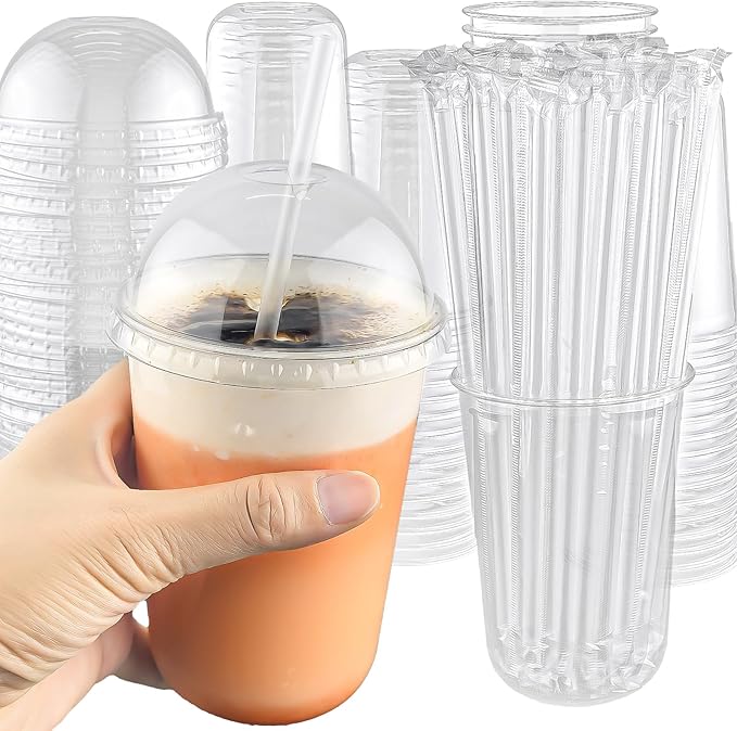 100 Set 16oz Disposable Clear Plastic Cup with Lids and Straws, Sturdy & Food Safe Iced Coffee Cups, Plastic Cold Drinks Cups for Smoothie, Milk Tea, Assorted Beverages Party Supplies