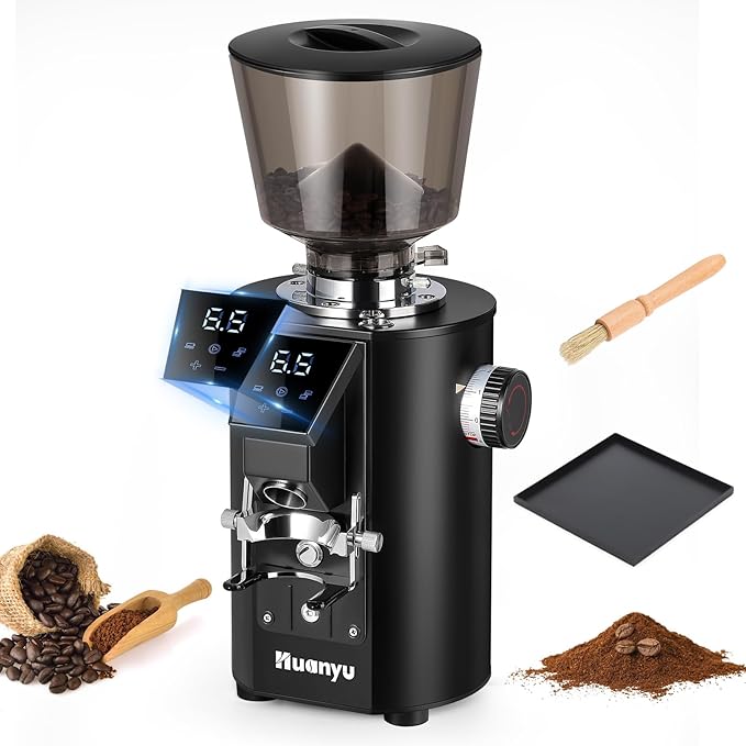 Huanyu Coffee Grinder Commercial with Touchscreen Control, Reinforced 35oz Hopper (40% Thicker), 8 Grind Settings, 64mm Flat Burr and Dual Dosing, For Coffee Shops and Home Use