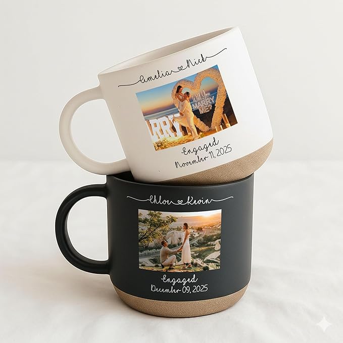 Personalized Engagement Photo Pottery Mug 12oz, Custom Couple Picture Mug with Names & Date, Wedding and Anniversary for Couple