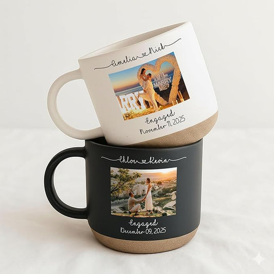 Personalized Engagement Photo Pottery Mug 12oz, Custom Couple Picture Mug with Names & Date, Wedding and Anniversary for Couple