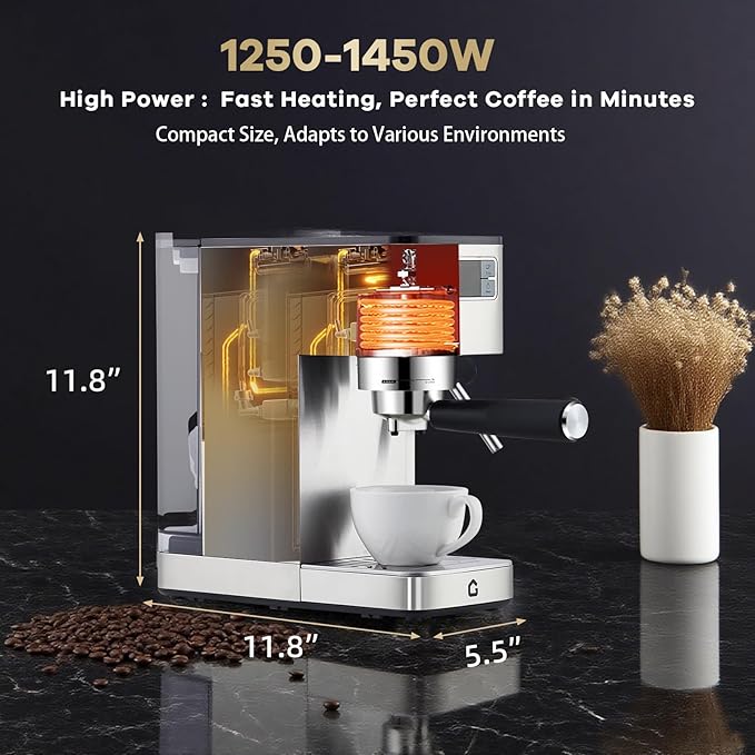 GarveeHome Compact 20 Bar Espresso Machine–Stainless Steel, Steam Milk Frother, Removable Tank for Cappuccino/Latte,(Silver)