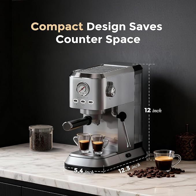 Espresso Coffee Machine, 20 Bar Espresso Maker with Milk Frother, Hot Espresso & Cold Brew, 50 oz Water Tank, Visible Pressure Gauge, Compact Design for Counter