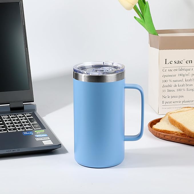 Zynkify 22oz Insulated Coffee Mug with Handle & Leak-Proof Lid - Double Wall Stainless Steel Travel Tumbler Bulk for Commute/Office/Home, Blue, 4 Pack