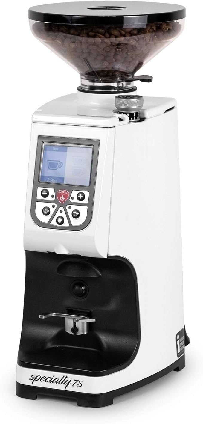 Eureka Atom Specialty 75 Commercial Espresso Grinder - Short Hopper | 75mm Flat Burrs | Silent Technology | Timed Dosing | Stepless | (White)