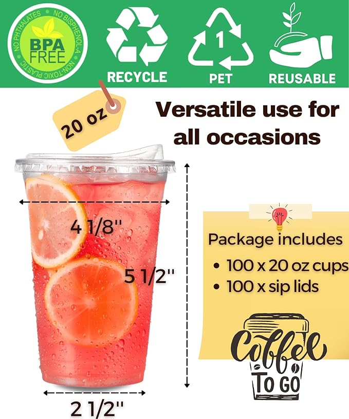 100 Pack 20 oz Clear Plastic Cups with Strawless-Sip-Lids, Disposable Cups Plastic Iced Coffee Cups, To Go Cups with Sip Through Lids for Smoothie, Milkshake, Cold Drinks for Party, Wedding, Event