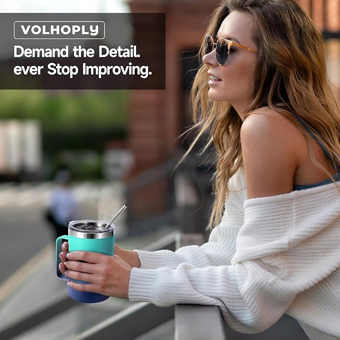 Volhoply 16oz Insulated Coffee Mug with Lid and Straw, Stainless Steel Travel Mugs with Handle, Double Wall Vacuum Leak Proof Coffee Tumbler Cup (Green Blue,1)