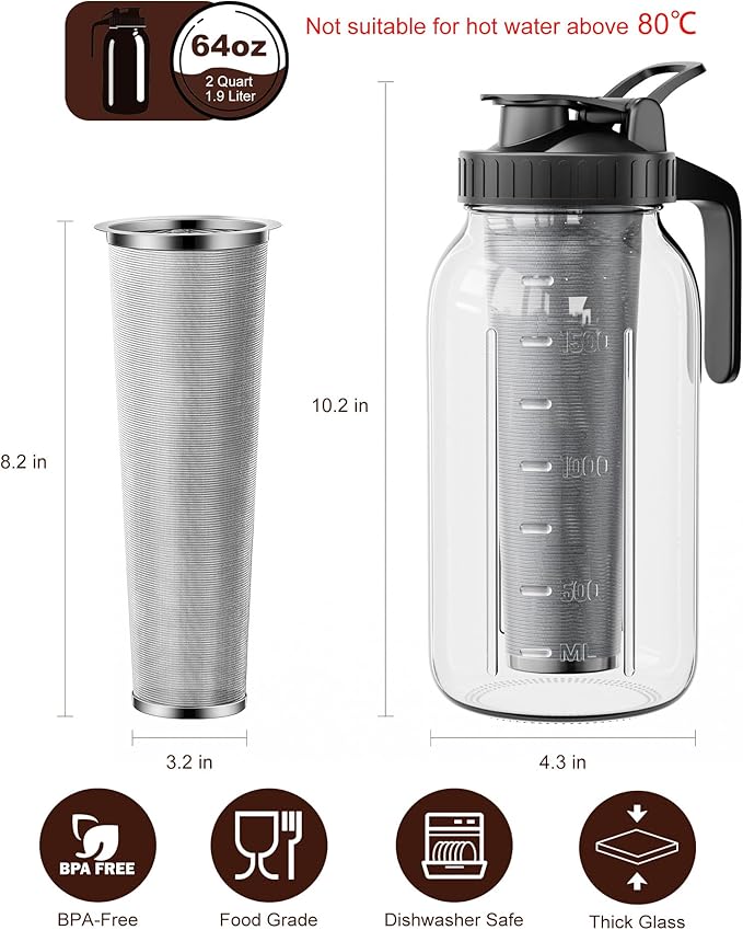 VA1KENE Cold Brew Coffee Maker 64oz, Iced Coffee Maker with 304 Stainless Steel Filter, Mason Jar Pitcher with Lid and Spout (Black)