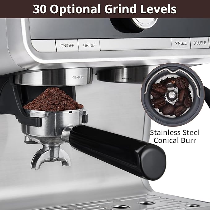 Stainless Steel Espresso Maker with Milk Frother - Coffee Machine 20 Bar Pressure, 2.8L Water Tank, Barista Kit, for Latte, Cappuccino, and Macchiato,Silver