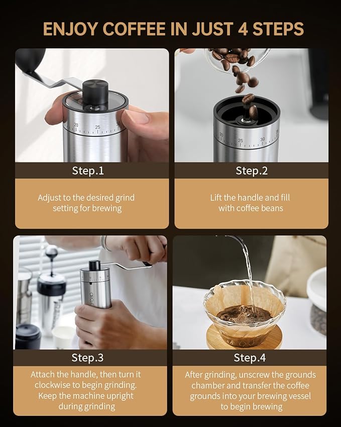 CIRCLE JOY Manual Coffee Grinder with 40 External Adjustable Settings, Portable Stainless Steel Hand Coffee Grinder, Ceramic Conical Burr Coffee Grinder for Camping, Travel and Espresso, 30g Capacity