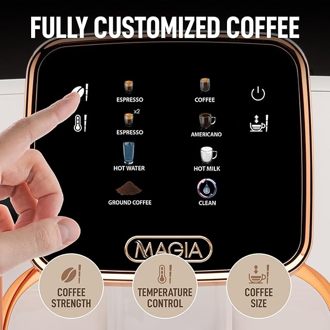 Zulay Kitchen Magia Clasica - Fully Automatic Espresso Machine With Grinder - Touch Screen Coffee Maker With One-Touch Operation - Milk Foam System For Latte, Cappuccino, Macchiato - Cream Copper