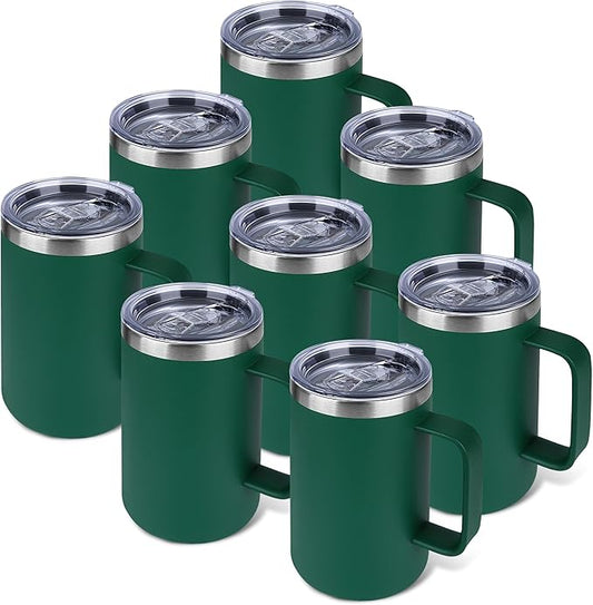 Zynkify 22oz Insulated Coffee Mug with Handle & Leak-Proof Lid - Double Wall Stainless Steel Travel Tumbler Bulk for Commute/Office/Home, Dark Green, 8 Pack