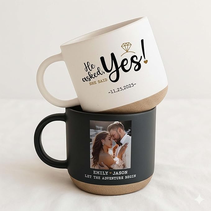 Personalized Engagement Photo Pottery Mug 12oz, She Said Yes Coffee Mug, Custom Couple Picture Mug, Wedding & Anniversary for Couple