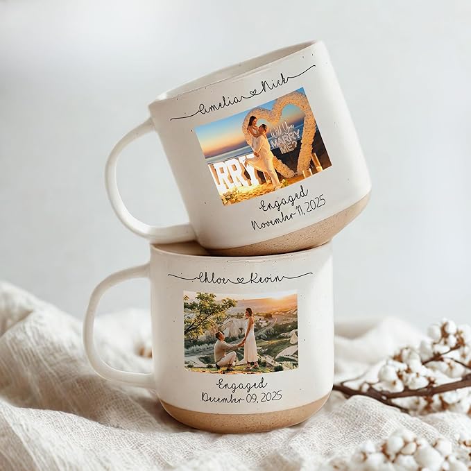 Personalized Engagement Photo Pottery Mug 12oz, Custom Couple Picture Mug with Names & Date, Wedding and Anniversary for Couple