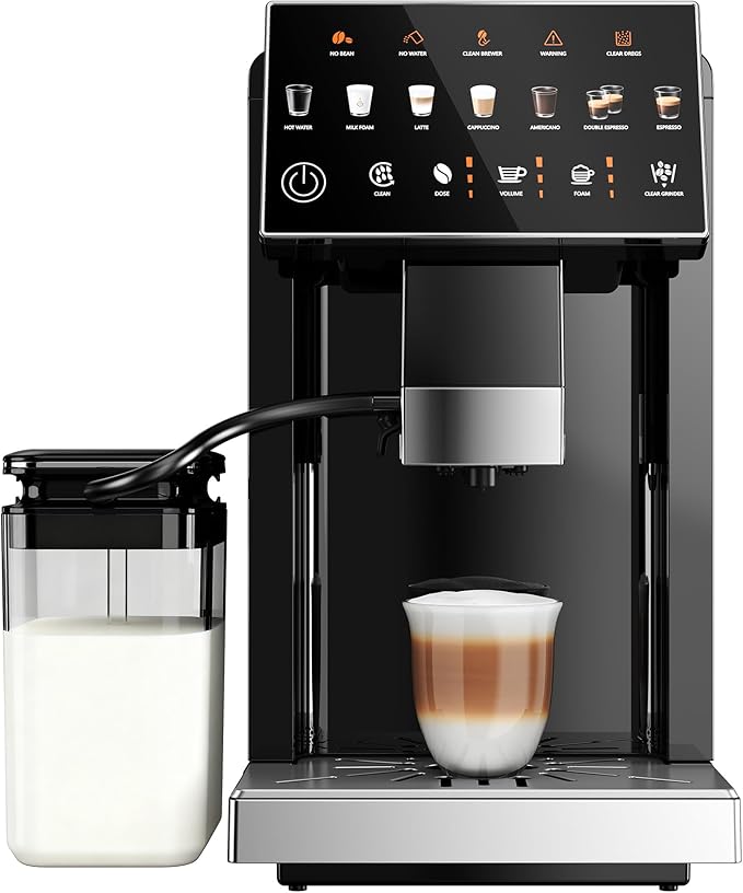 Fully Automatic Coffee Machine, 20 Bar Coffee Maker with Grinder, Automatic Espresso Machine with 15 Grinding Levels, Touch Control for Cappuccino & Latte, Auto Self-Cleaning
