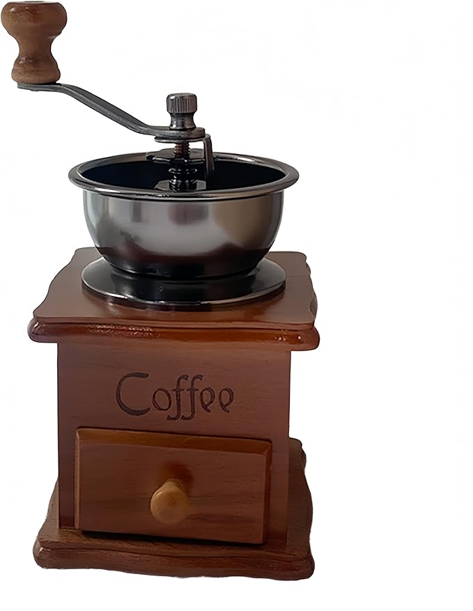 Vintage Hand-Cranked Coffee Bean Grinder with Ceramic Burr Drawer-Style Powder Tray Ergonomic Long Handle Non-Slip Wooden Base for Home Use Small Batch Brewing and Coffee Enthusiasts (Classic version)