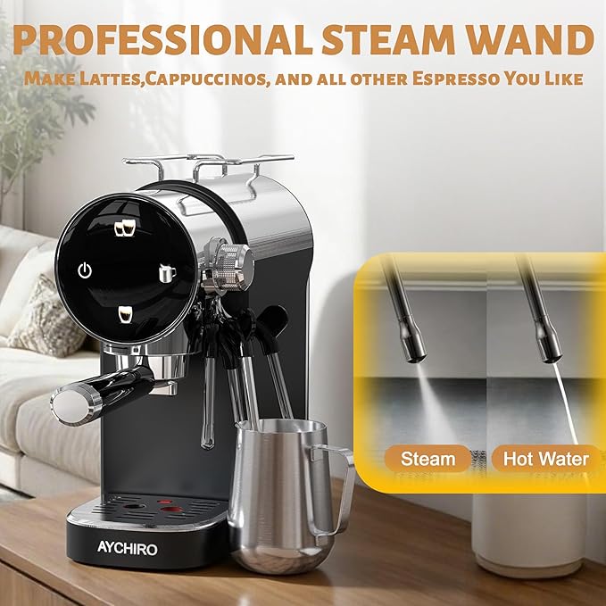 Espresso Machine, Touch Screen Control 20 Bar Espresso Coffee Maker with Steam Milk Frother for Latte & Cappuccino, Removable Water Tank, Modern Black Design
