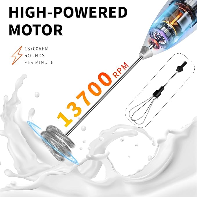 Powerful Milk Frother for Coffee with Upgraded Titanium Motor - Handheld Frother Electric Whisk-White