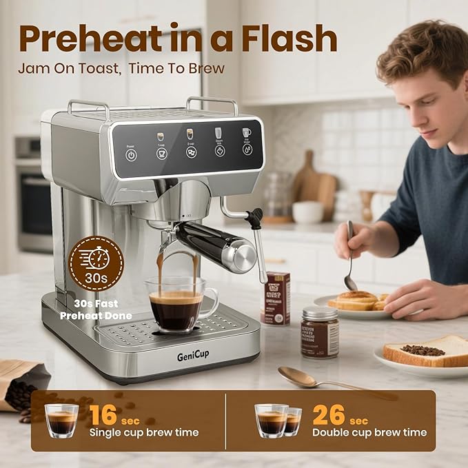 GeniCup Expresso Coffee Machines with Touchscreen 20 Bar Professional Espresso Maker with Milk Frother & Hot Water, Stainless Steel Coffee Maker for Latte Americano, Cappuccino Machine for Home Office