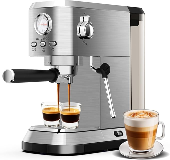 Espresso Coffee Machine, 20 Bar Espresso Maker with Milk Frother, Hot Espresso & Cold Brew, 50 oz Water Tank, Visible Pressure Gauge, Compact Design for Counter