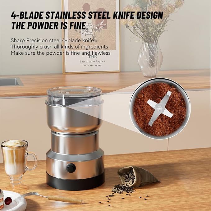 Electric Coffee and Spice Grinder featuring Quad-Blade System & Extra-Long Cable, with Clear Lid for Monitoring Grind of Beans and Herbs