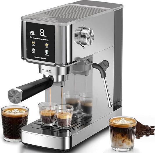 Kismile Espresso Machine with Milk Frother, 20 Bar Compact Stainless Coffee Maker with Capsule Funnel|48oz Detachable Water Tank|LED Display, Pre-Infusion for Cappuccino|Mocha|Latte at Home or Office