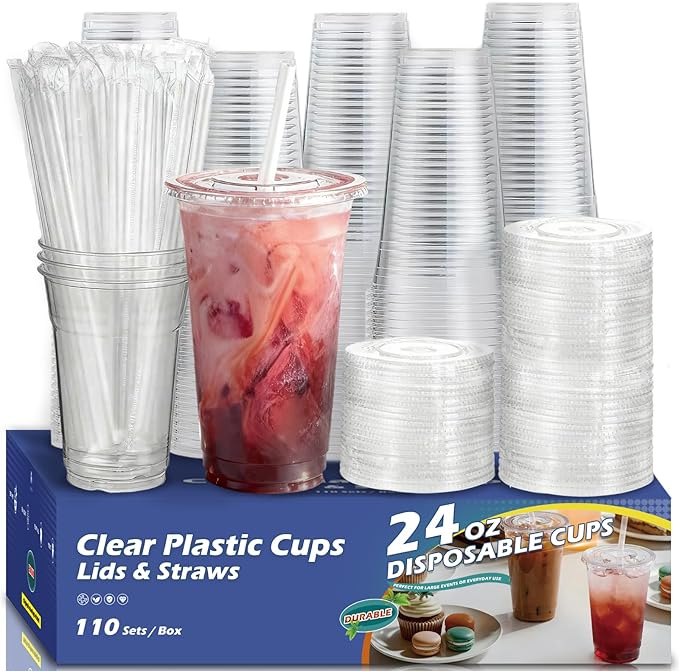 110 Packs 24oz Disposable Iced Coffee Cups with Lids and Straws,Plastic To Go Cups,Clear Coffee Cups For Smoothies, Cold Drinks,Iced Coffee
