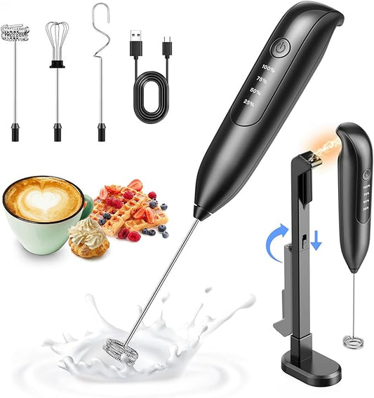 Electric Milk Frother Handheld: Rechargeable 3 in 1 - LED Digital Display with 3 Speeds Portable Stainless Steel Drink Foam Mixer for Milk Coffee, Lattes, Cappuccino, Matcha - Charcoal Black