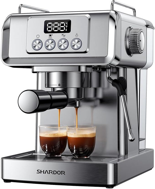 SHARDOR 20-Bar Espresso Machine for Home Barista, Built-In Steam Wand for Latte & Cappuccino, Stainless Steel Coffee Maker with Temp Display, 1350W, 60oz Water Reservoir