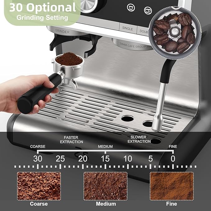 Espresso Machine With Grinder, 20 Bar Professional Coffee Maker With Milk Frother Steam Wand for Cappuccino, Latte, Macchiato, 95 oz Removable Water Tank, Smart PID Temperature Control,Gray